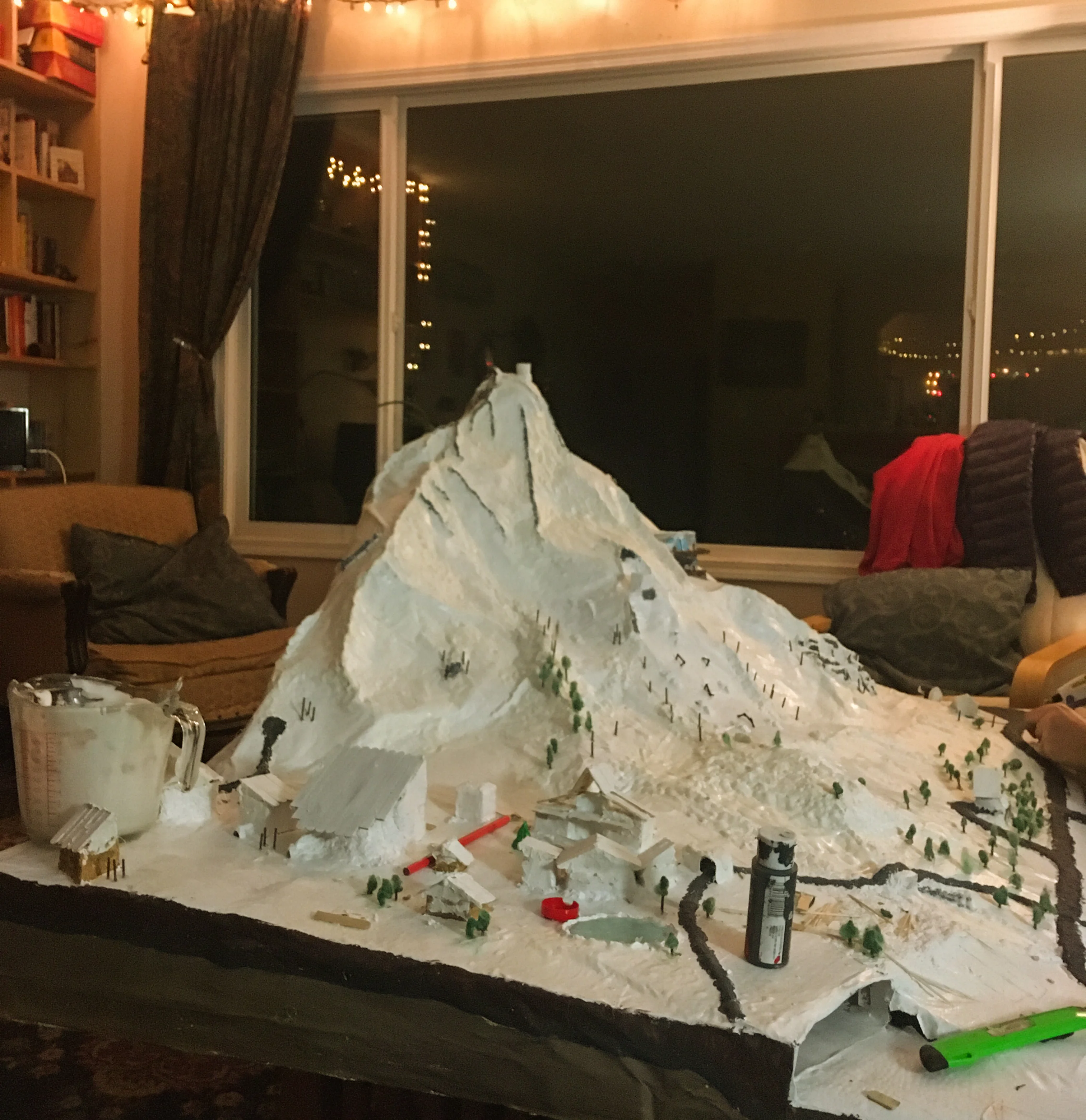 Don't Know Ski Hill — paper mache resort model on plywood